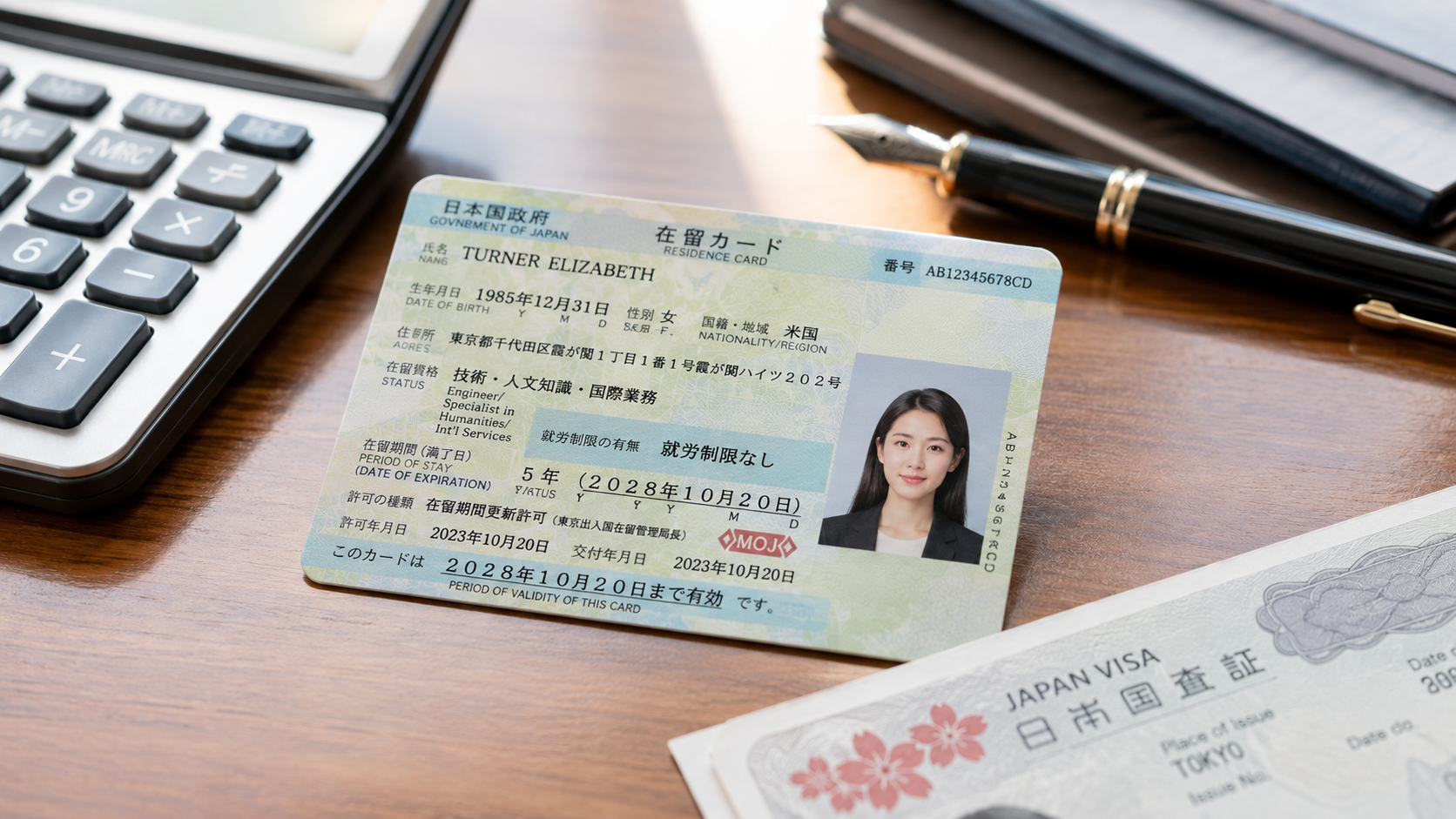 日本の在留カードとビザ書類、電卓、ペンを並べたデスク